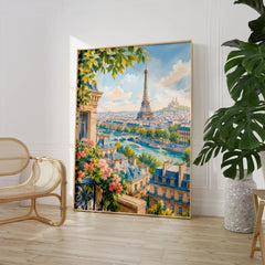 Paris Eiffel Tower and the Seine watercolour art print large framed print beside a chair and plant