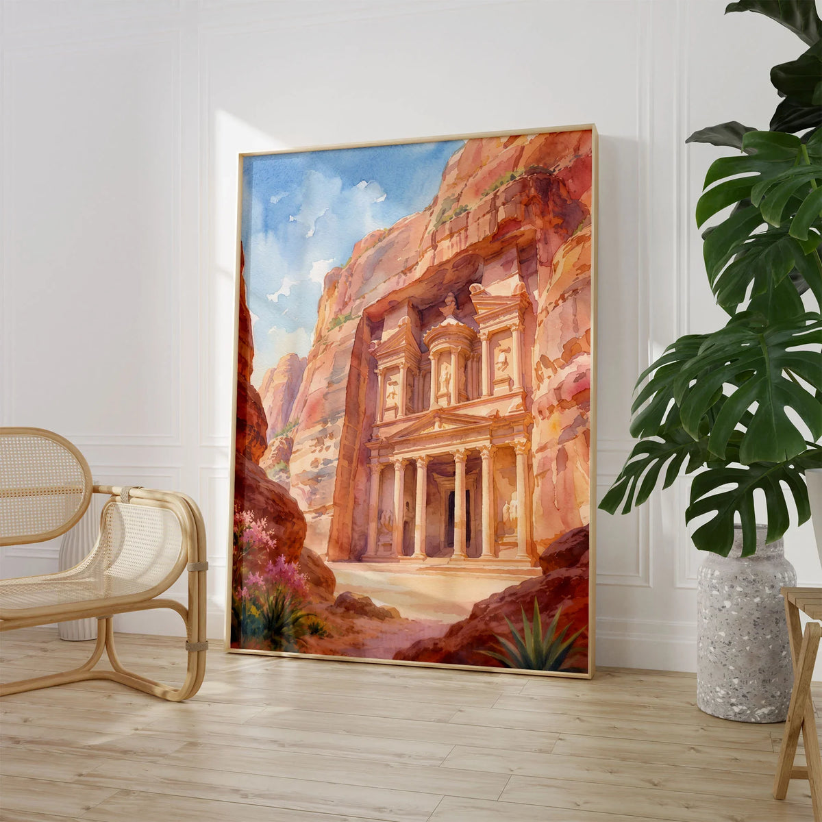 Petra Treasury in the rock watercolour art print large framed print beside a chair and plant