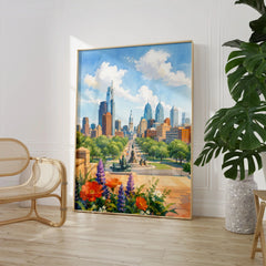 Philadelphia skyline and Ben Franklin Parkway watercolour art print large framed print beside a chair and plant