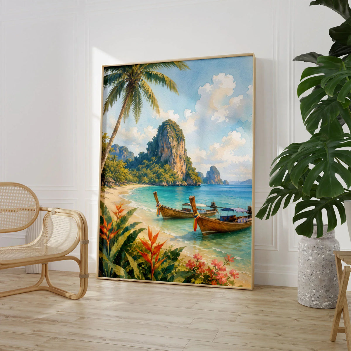 Phuket longtail boats and limestone cliffs watercolour art print large framed print beside a chair and plant