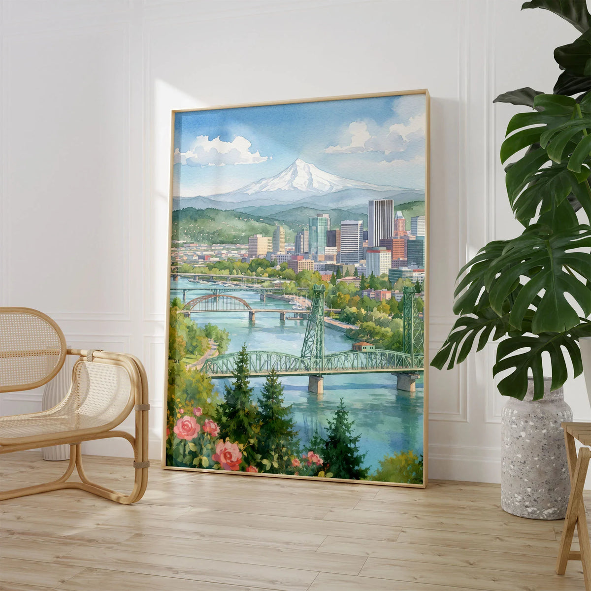 Portland Mount Hood and Willamette bridges watercolour art print large framed print beside a chair and plant
