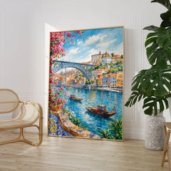 Porto Dom Luís I Bridge and rabelo boats watercolour art print large framed print beside a chair and plant