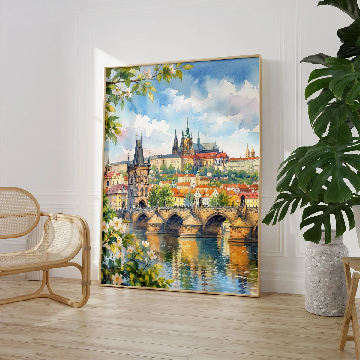 Prague Charles Bridge and Prague Castle watercolour art print large framed print beside a chair and plant
