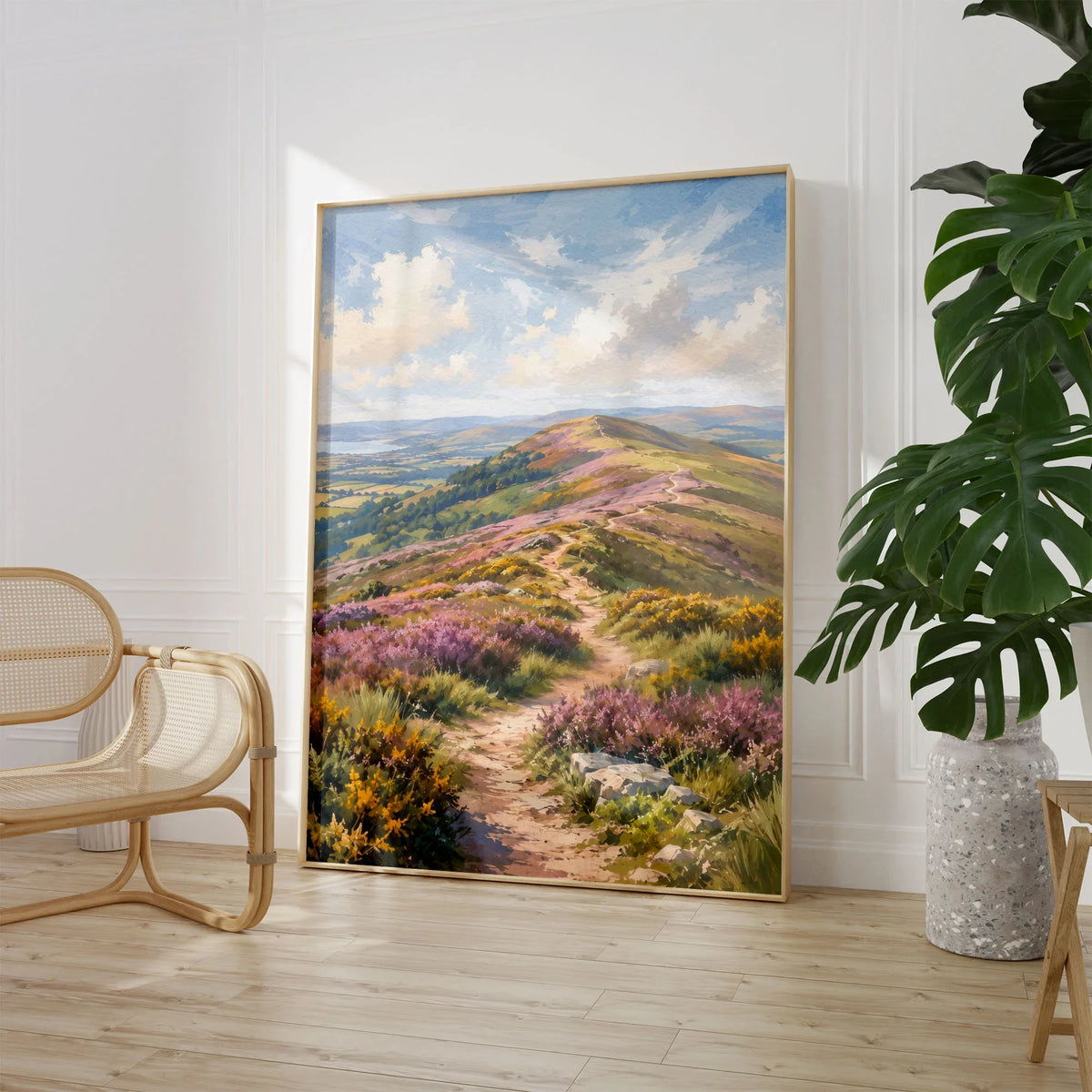 Quantock Hills heather hilltop path watercolour art print large framed print beside a chair and plant