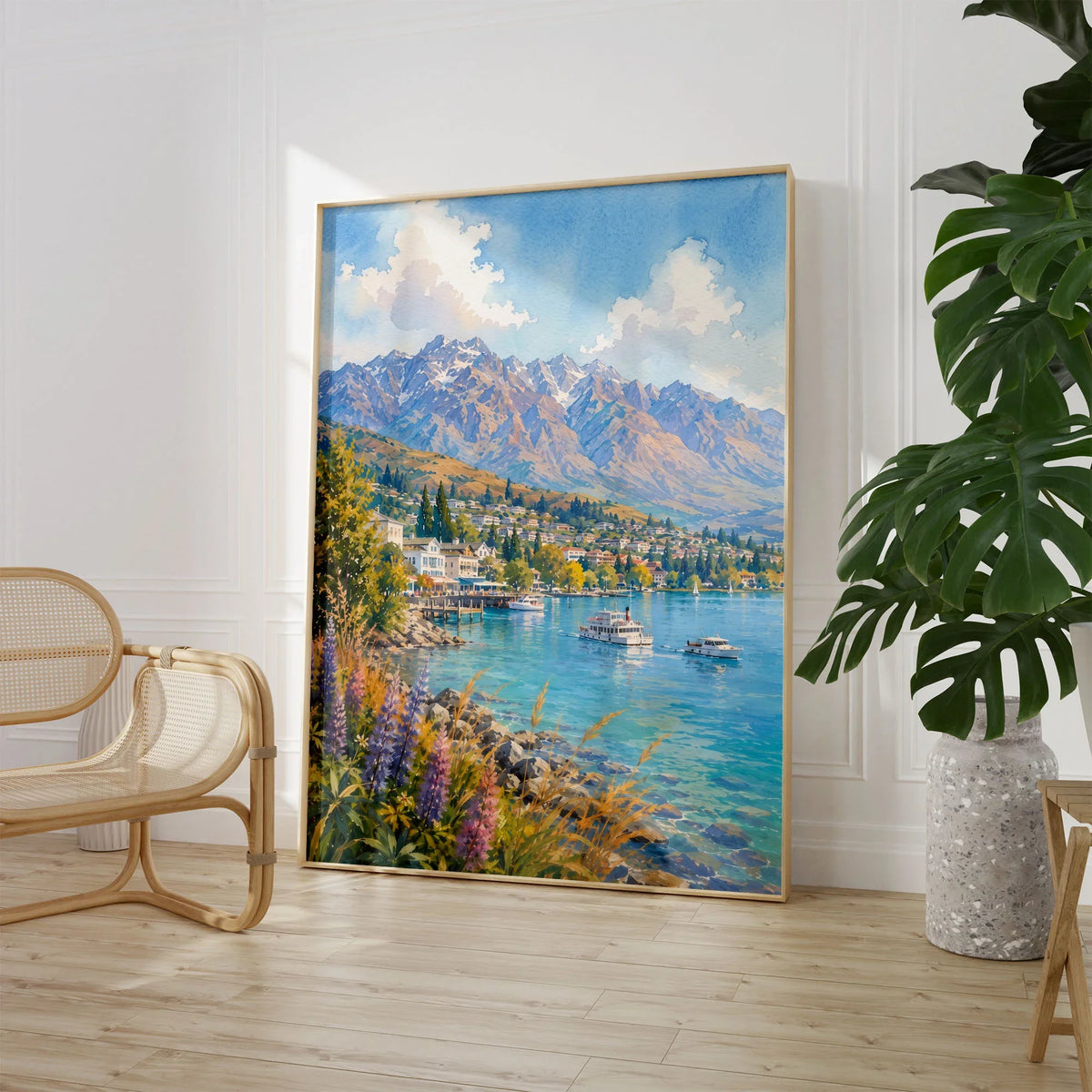 Queenstown Lake Wakatipu, Remarkables and lupins watercolour art print large framed print beside a chair and plant