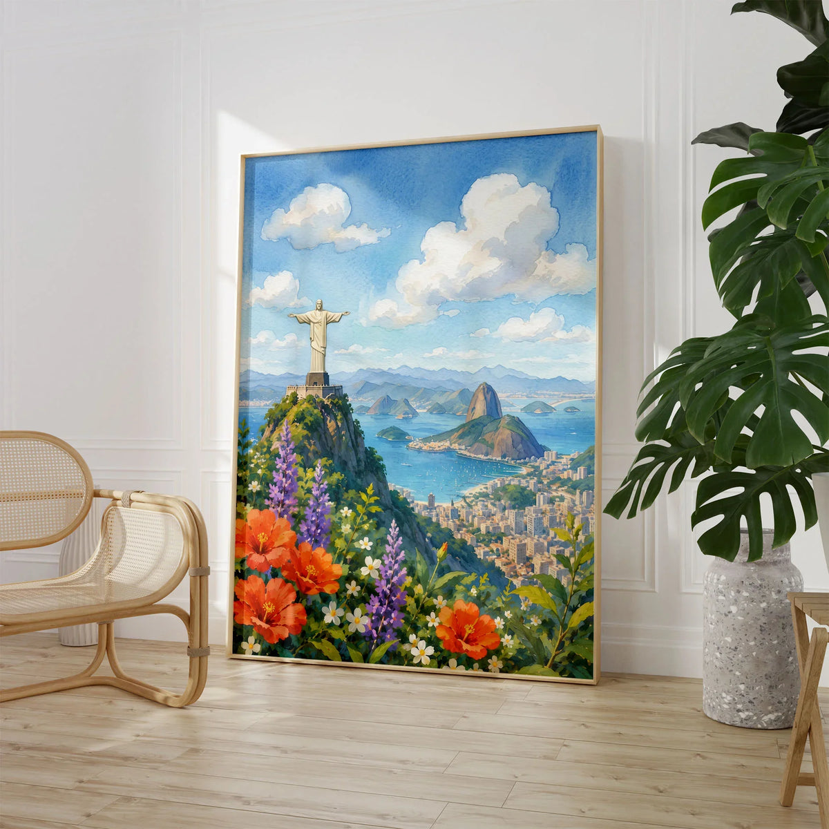 Rio de Janeiro Christ the Redeemer and Sugarloaf watercolour art print large framed print beside a chair and plant
