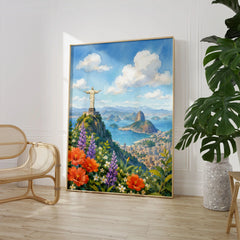 Rio de Janeiro Christ the Redeemer and Sugarloaf watercolour art print large framed print beside a chair and plant
