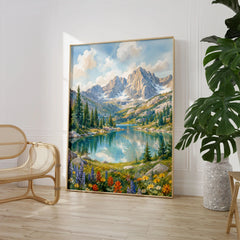 Rocky Mountain National Park alpine lake below rugged peaks watercolour art print large framed print beside a chair and plant