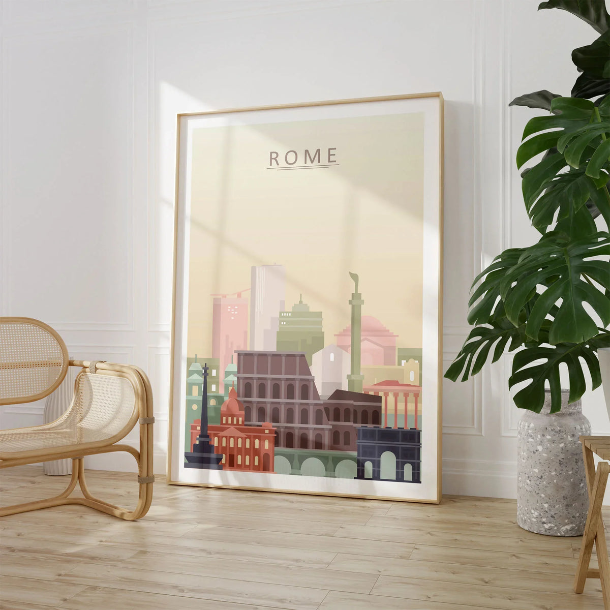 Rome city skyline art print, large framed print beside a chair and plant