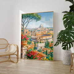 Rome Colosseum and St Peter's dome watercolour art print large framed print beside a chair and plant