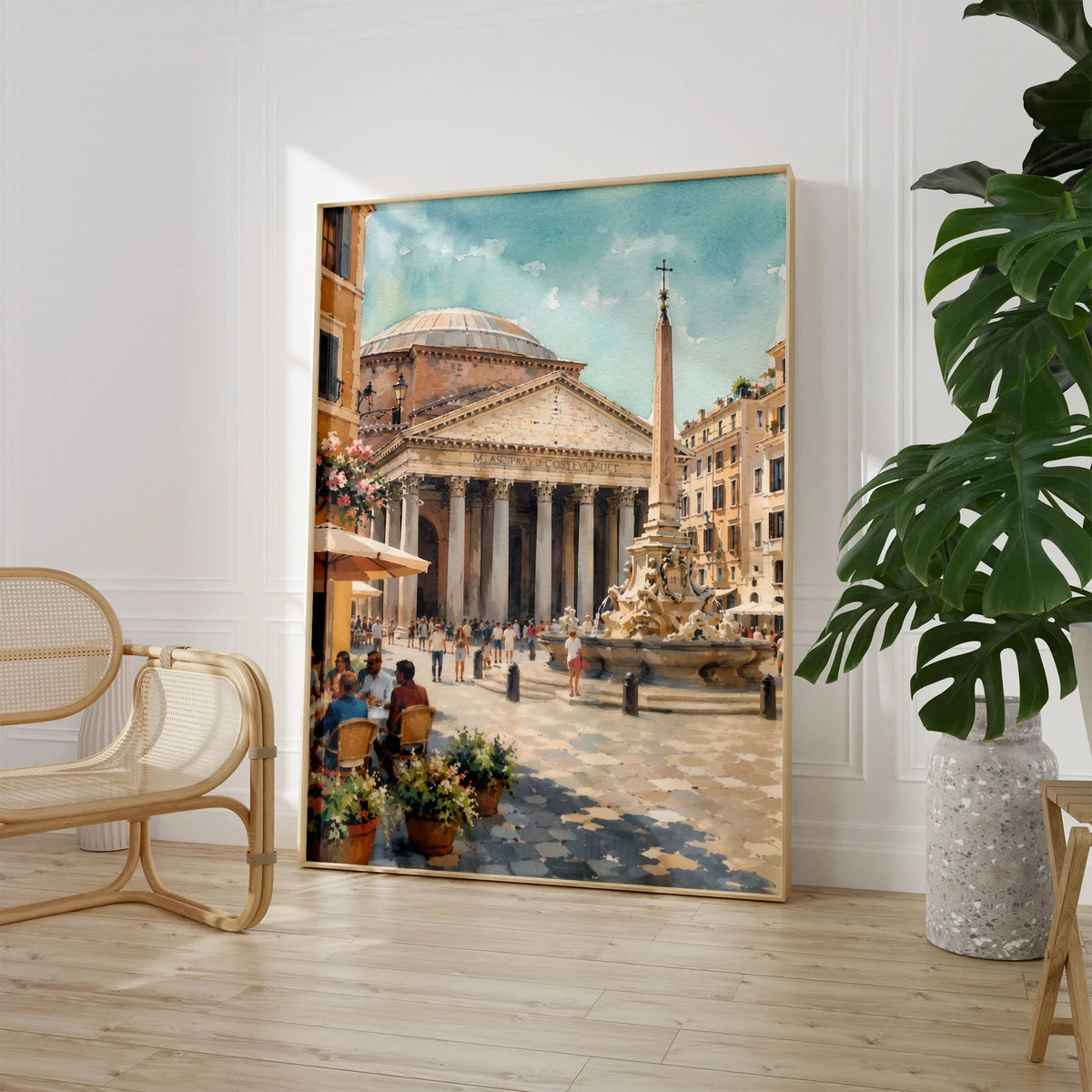 Rome Pantheon and piazza fountain watercolour art print large framed print beside a chair and plant