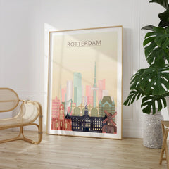 Rotterdam city skyline art print, large framed print beside a chair and plant