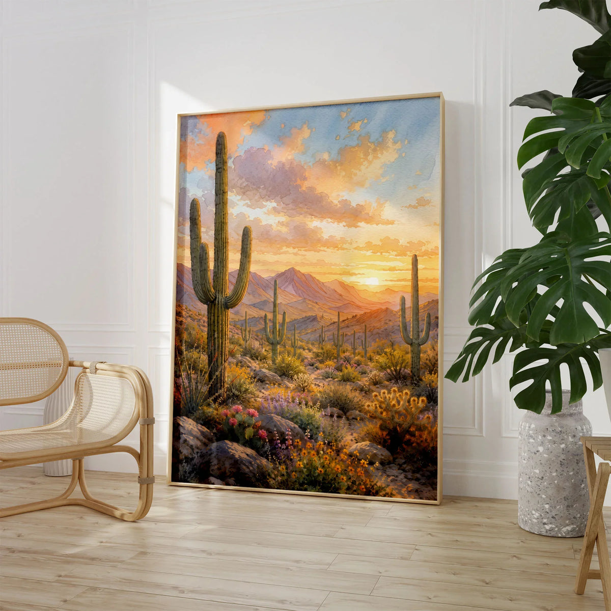 Saguaro National Park saguaro cacti at sunset watercolour art print large framed print beside a chair and plant