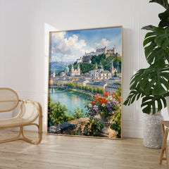 Salzburg Hohensalzburg fortress and old town watercolour art print large framed print beside a chair and plant