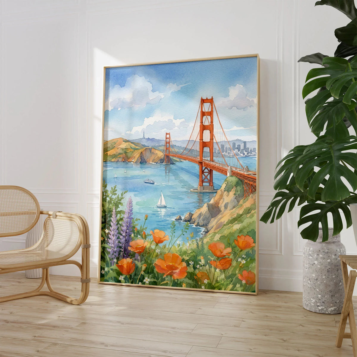 San Francisco Golden Gate Bridge and poppies watercolour art print large framed print beside a chair and plant