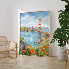 San Francisco Golden Gate Bridge and poppies watercolour art print large framed print beside a chair and plant