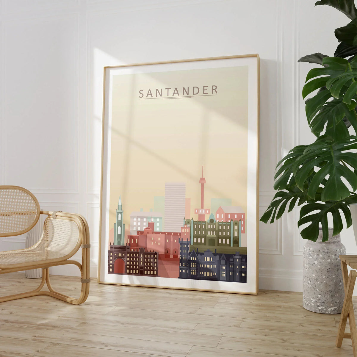 Santander city skyline art print, large framed print beside a chair and plant