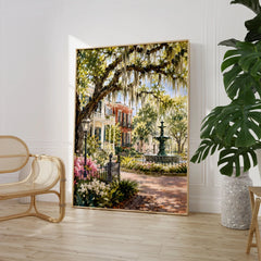 Savannah Spanish moss oaks and park fountain watercolour art print large framed print beside a chair and plant