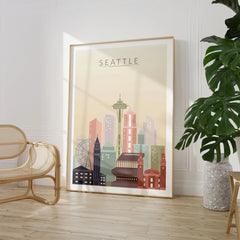 Seattle city skyline art print, large framed print beside a chair and plant