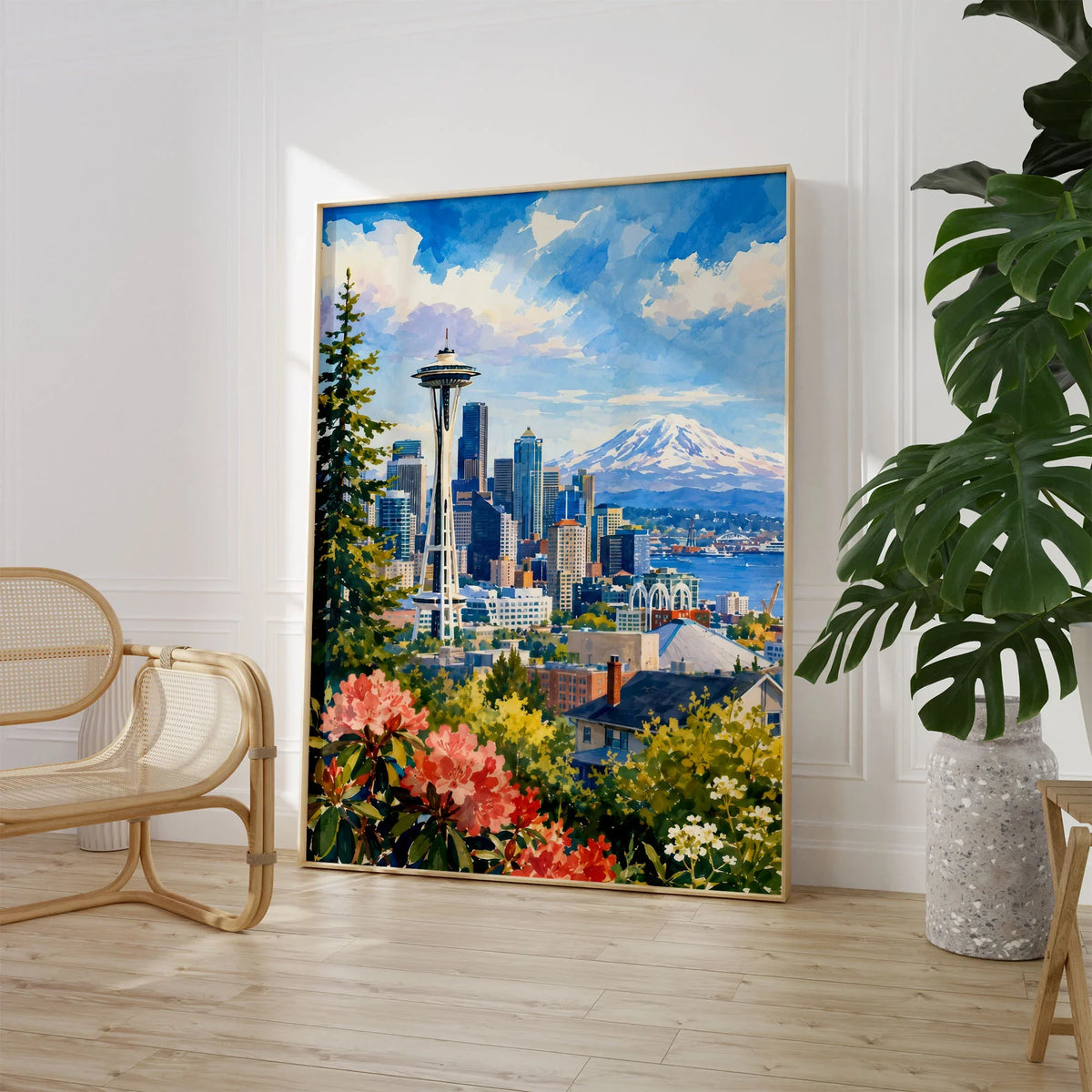 Seattle Space Needle and Mount Rainier watercolour art print large framed print beside a chair and plant