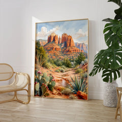 Sedona Cathedral Rock watercolour art print large framed print beside a chair and plant