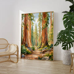 Sequoia National Park giant sequoias and forest trail watercolour art print large framed print beside a chair and plant