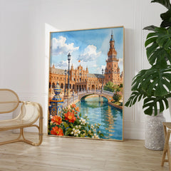 Seville Plaza de España watercolour art print large framed print beside a chair and plant