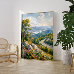 Shenandoah National Park Skyline Drive and Blue Ridge watercolour art print large framed print beside a chair and plant