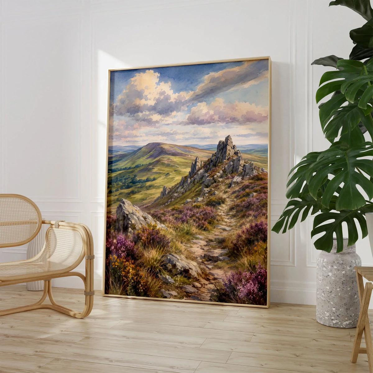 Shropshire Hills Stiperstones rocky ridge watercolour art print large framed print beside a chair and plant