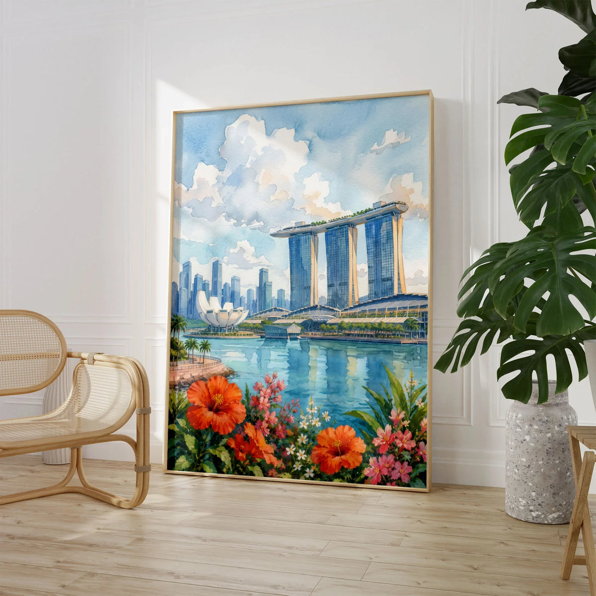 Singapore Marina Bay Sands skyline watercolour art print large framed print beside a chair and plant