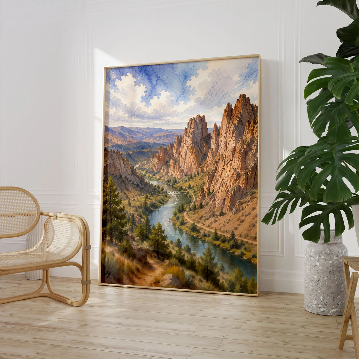Smith Rock State Park Crooked River below the rock spires watercolour art print large framed print beside a chair and plant