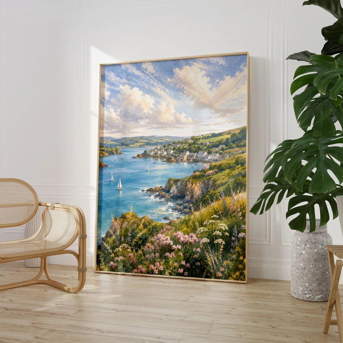 South Devon estuary village and sailing boats watercolour art print large framed print beside a chair and plant