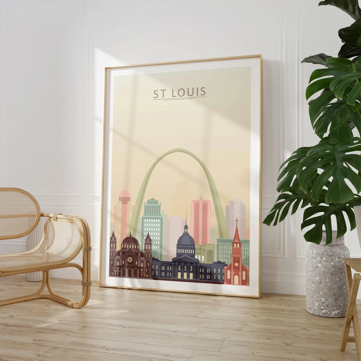 St Louis city skyline art print, large framed print beside a chair and plant