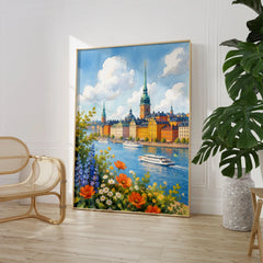 Stockholm Gamla Stan waterfront watercolour art print large framed print beside a chair and plant