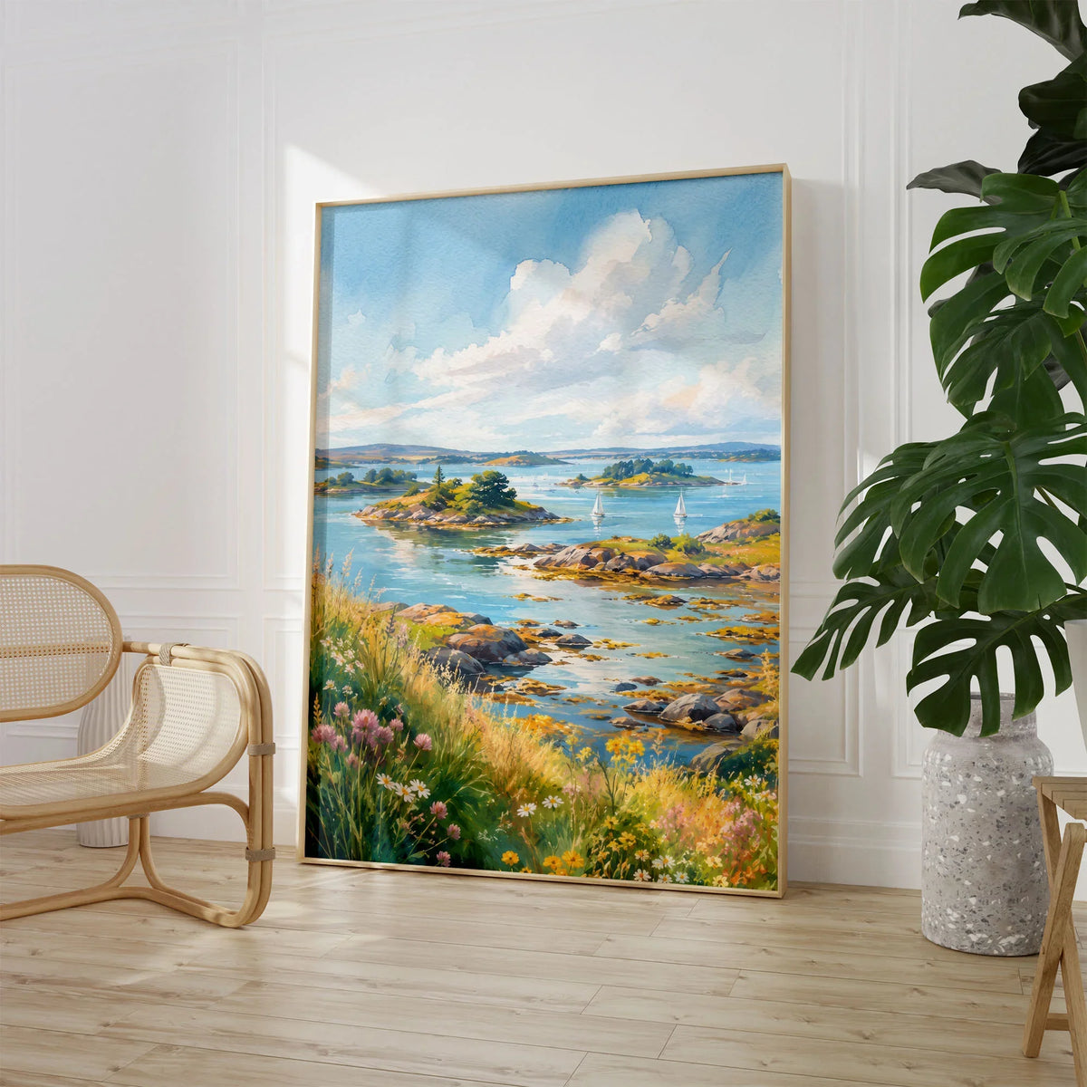 Strangford Lough islands and sailing boats watercolour art print large framed print beside a chair and plant