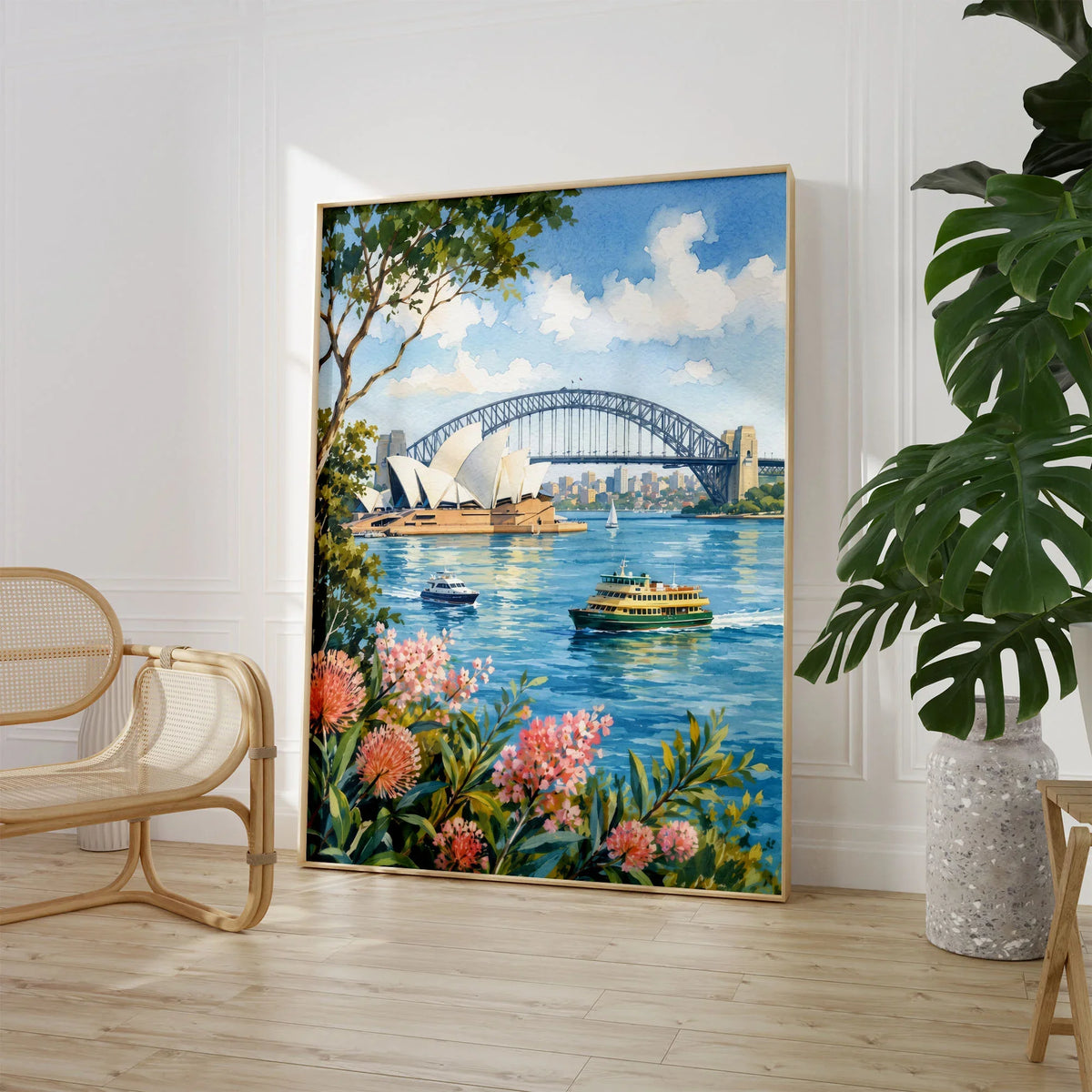 Sydney Opera House and Harbour Bridge watercolour art print large framed print beside a chair and plant