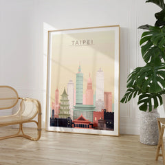 Taipei city skyline art print, large framed print beside a chair and plant