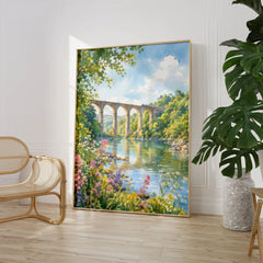 Tamar Valley Calstock Viaduct over the river watercolour art print large framed print beside a chair and plant