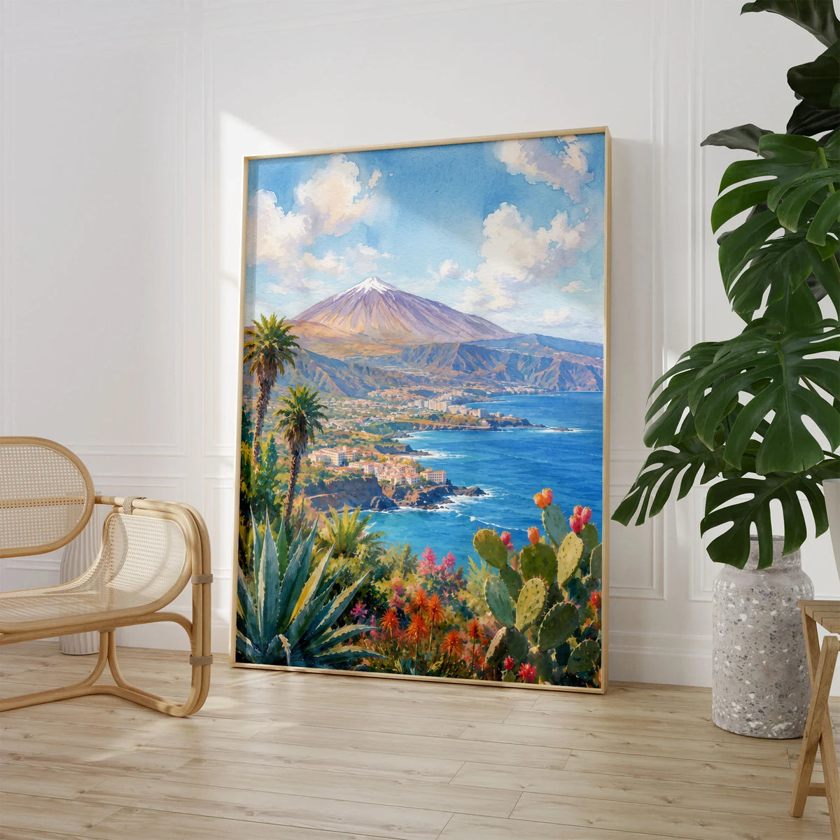 Tenerife Mount Teide and coast watercolour art print large framed print beside a chair and plant