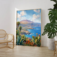 Tenerife Mount Teide and coast watercolour art print large framed print beside a chair and plant