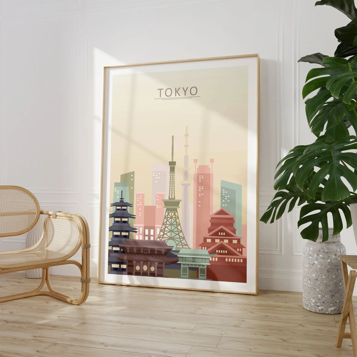 Tokyo city skyline art print, large framed print beside a chair and plant