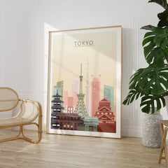 Tokyo city skyline art print, large framed print beside a chair and plant