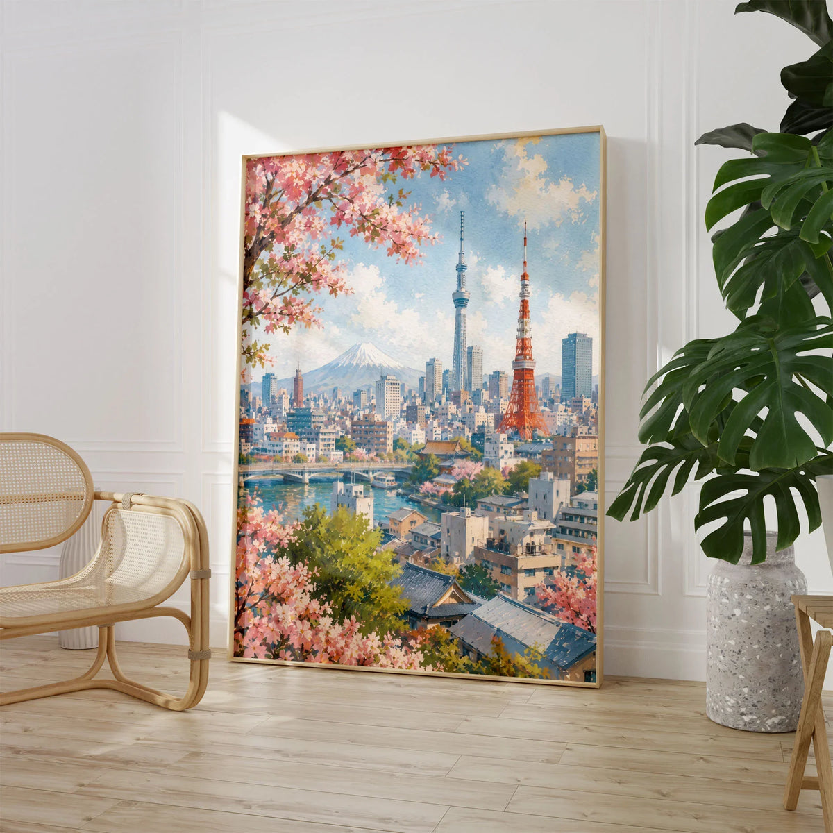 Tokyo Tokyo Tower, Skytree and Mount Fuji watercolour art print large framed print beside a chair and plant