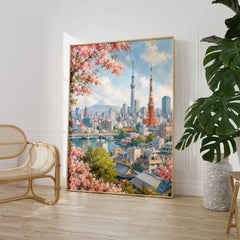 Tokyo Tokyo Tower, Skytree and Mount Fuji watercolour art print large framed print beside a chair and plant