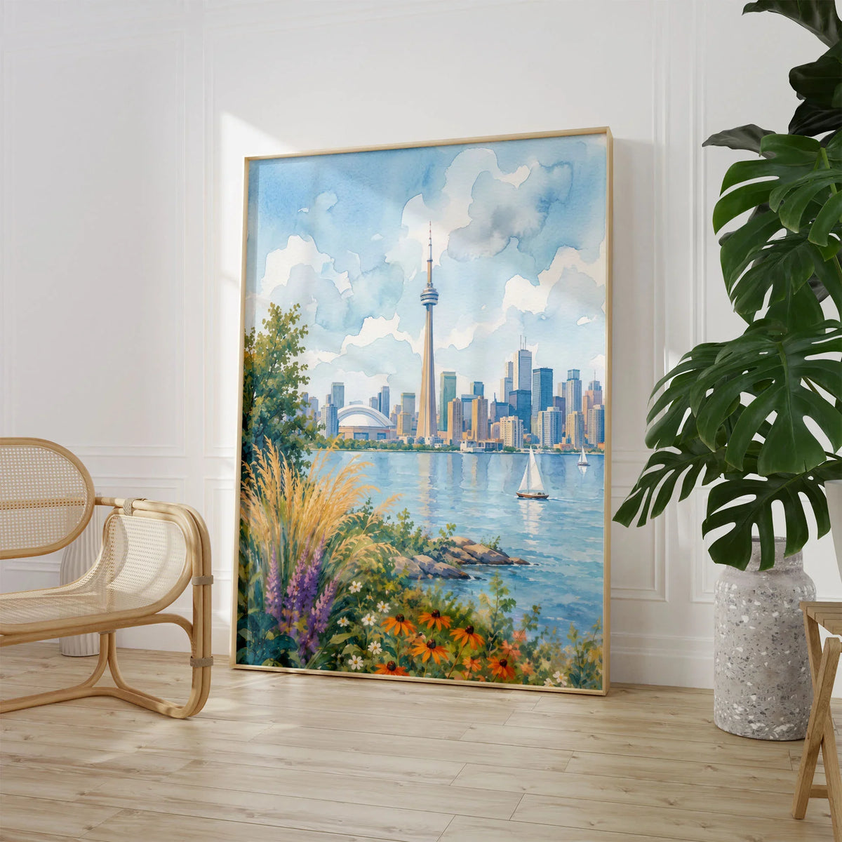 Toronto CN Tower skyline over Lake Ontario watercolour art print large framed print beside a chair and plant
