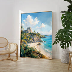 Tulum Mayan ruins above the beach watercolour art print large framed print beside a chair and plant