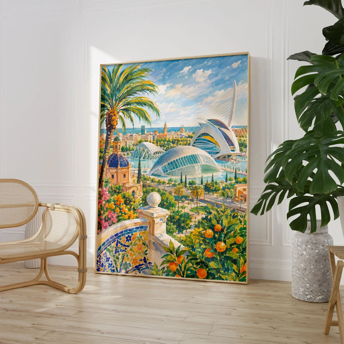 Valencia City of Arts and Sciences watercolour art print large framed print beside a chair and plant