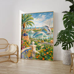 Valencia City of Arts and Sciences watercolour art print large framed print beside a chair and plant