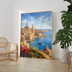 Valletta Grand Harbour and domes watercolour art print large framed print beside a chair and plant