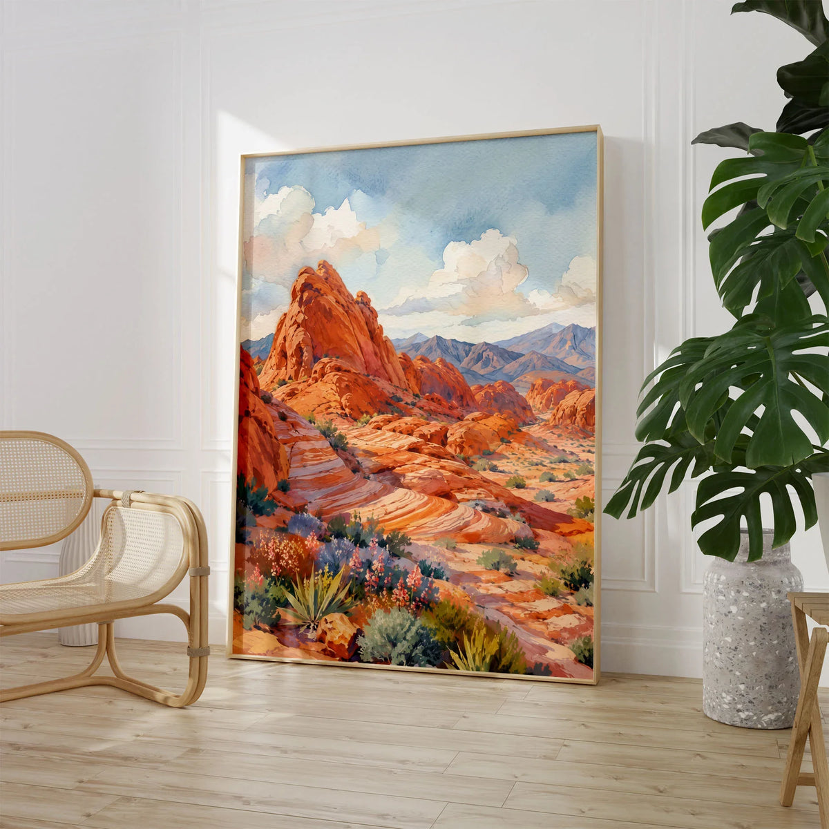 Valley of Fire State Park red sandstone waves watercolour art print large framed print beside a chair and plant